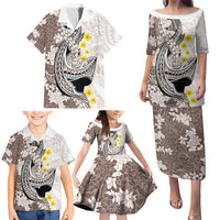 Brown and White Hawaii Shark Tattoo Family Matching Puletasi and Hawaiian Shirt Puakenikeni Lei Plumeria Polynesian Pattern LT14 - Polynesian Pride