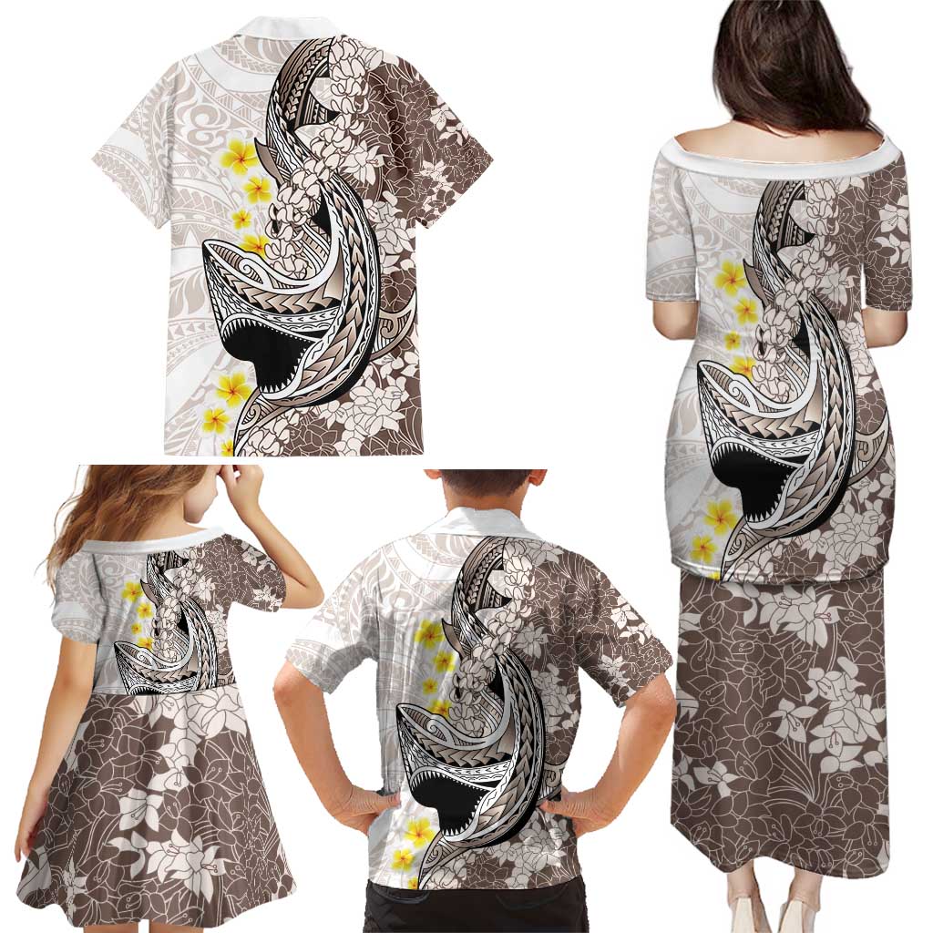 Brown and White Hawaii Shark Tattoo Family Matching Puletasi and Hawaiian Shirt Puakenikeni Lei Plumeria Polynesian Pattern LT14 - Polynesian Pride