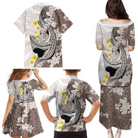 Brown and White Hawaii Shark Tattoo Family Matching Puletasi and Hawaiian Shirt Puakenikeni Lei Plumeria Polynesian Pattern LT14 - Polynesian Pride