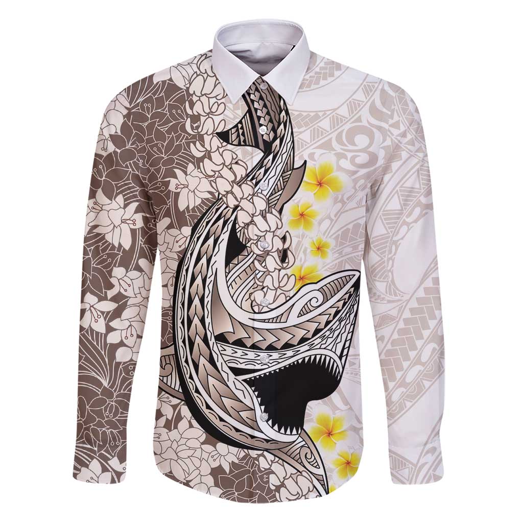 Brown and White Hawaii Shark Tattoo Family Matching Puletasi and Hawaiian Shirt Puakenikeni Lei Plumeria Polynesian Pattern LT14 Dad's Shirt - Long Sleeve White - Polynesian Pride