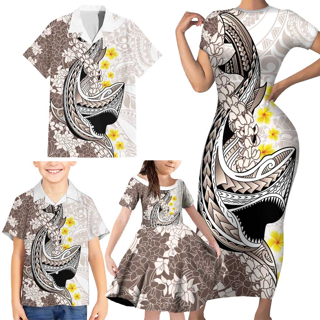 Brown and White Hawaii Shark Tattoo Family Matching Short Sleeve Bodycon Dress and Hawaiian Shirt Puakenikeni Lei Plumeria Polynesian Pattern LT14 - Polynesian Pride