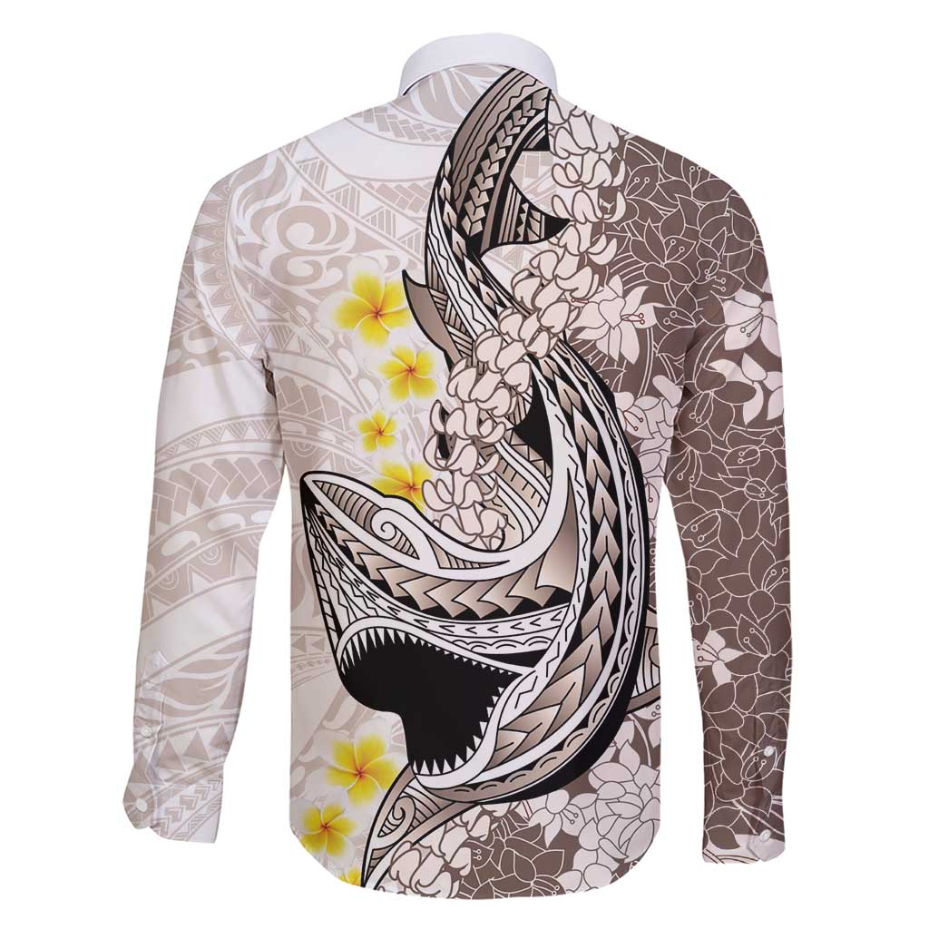 Brown and White Hawaii Shark Tattoo Family Matching Short Sleeve Bodycon Dress and Hawaiian Shirt Puakenikeni Lei Plumeria Polynesian Pattern LT14 - Polynesian Pride