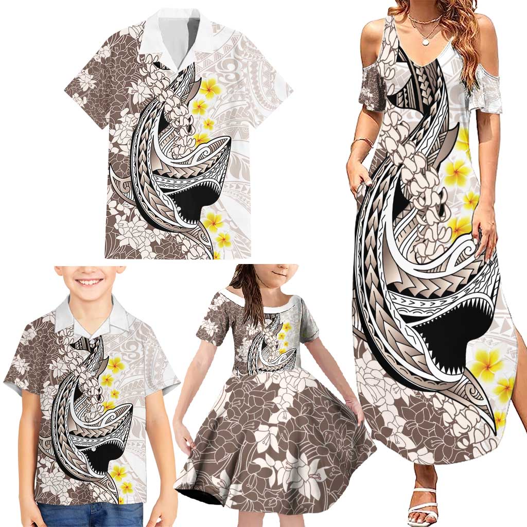 Brown and White Hawaii Shark Tattoo Family Matching Summer Maxi Dress and Hawaiian Shirt Puakenikeni Lei Plumeria Polynesian Pattern LT14 - Polynesian Pride