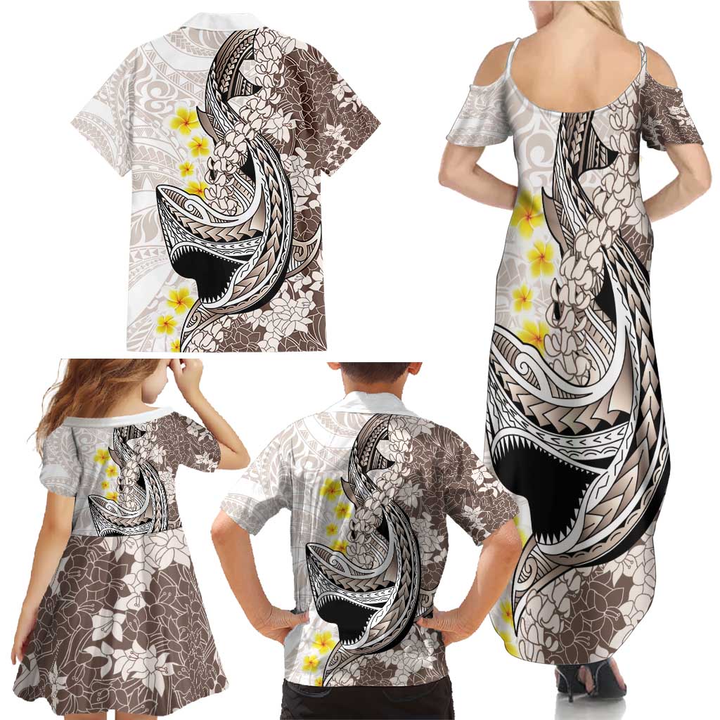 Brown and White Hawaii Shark Tattoo Family Matching Summer Maxi Dress and Hawaiian Shirt Puakenikeni Lei Plumeria Polynesian Pattern LT14 - Polynesian Pride