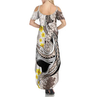 Brown and White Hawaii Shark Tattoo Family Matching Summer Maxi Dress and Hawaiian Shirt Puakenikeni Lei Plumeria Polynesian Pattern LT14 - Polynesian Pride