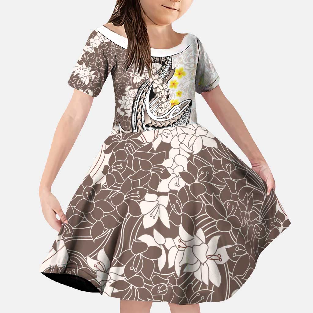 Brown and White Hawaii Shark Tattoo Family Matching Tank Maxi Dress and Hawaiian Shirt Puakenikeni Lei Plumeria Polynesian Pattern LT14 Daughter's Dress White - Polynesian Pride