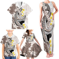 Brown and White Hawaii Shark Tattoo Family Matching Tank Maxi Dress and Hawaiian Shirt Puakenikeni Lei Plumeria Polynesian Pattern LT14 - Polynesian Pride