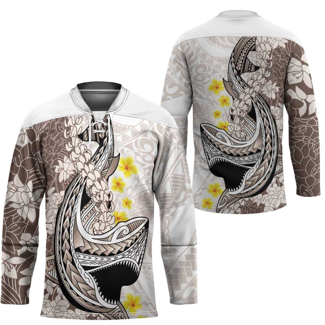 Brown and White Hawaii Shark Tattoo Hockey Jersey Puakenikeni Lei Plumeria Polynesian Pattern - Polynesian Pride