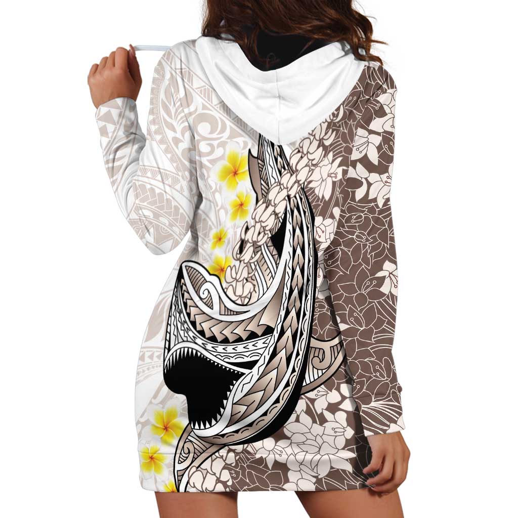 Brown and White Hawaii Shark Tattoo Hoodie Dress Puakenikeni Lei Plumeria Polynesian Pattern LT14 - Polynesian Pride