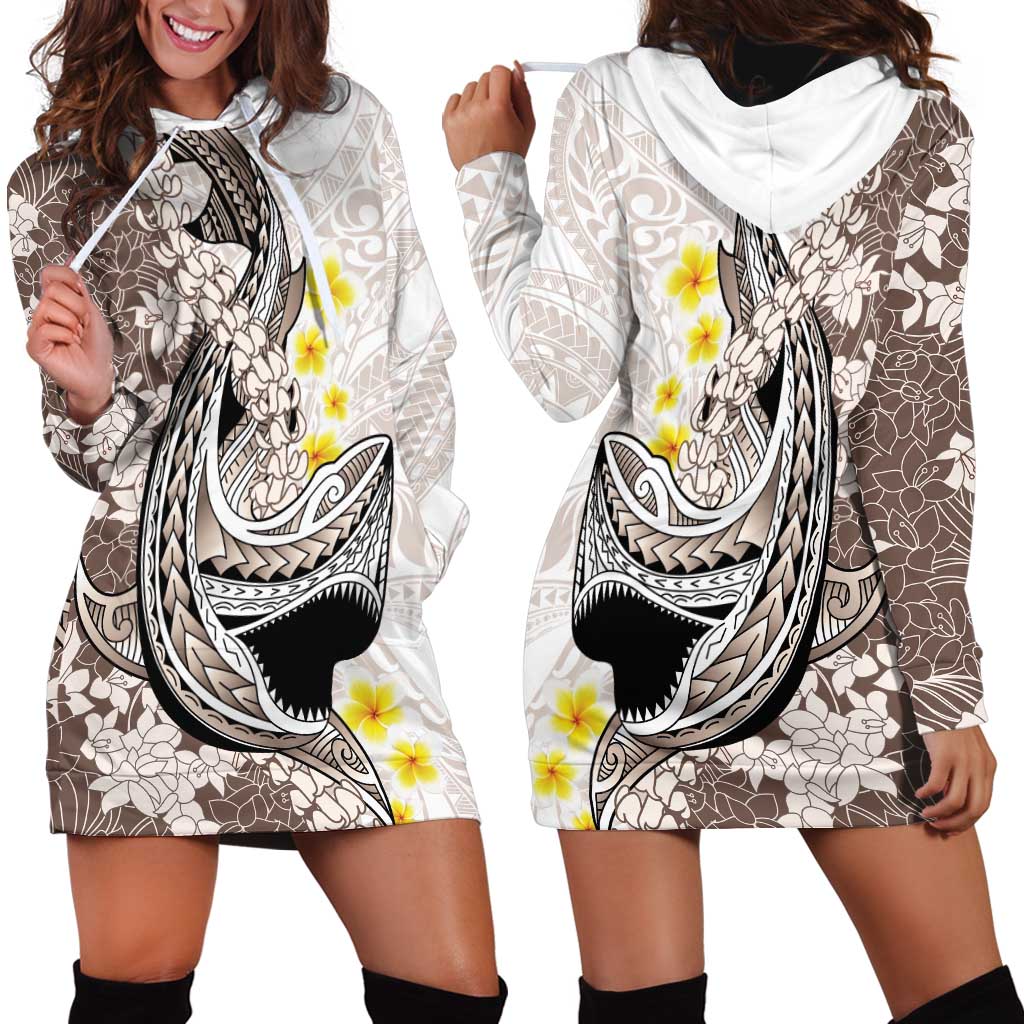 Brown and White Hawaii Shark Tattoo Hoodie Dress Puakenikeni Lei Plumeria Polynesian Pattern LT14 - Polynesian Pride