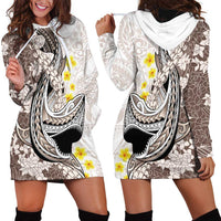 Brown and White Hawaii Shark Tattoo Hoodie Dress Puakenikeni Lei Plumeria Polynesian Pattern LT14 - Polynesian Pride