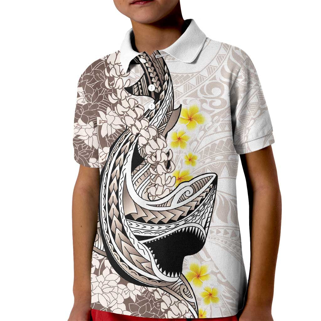 Brown and White Hawaii Shark Tattoo Kid Polo Shirt Puakenikeni Lei Plumeria Polynesian Pattern LT14 Kid White - Polynesian Pride