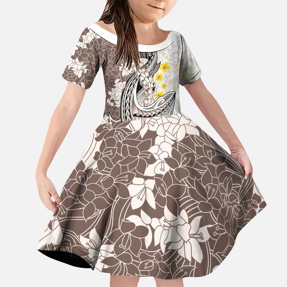 Brown and White Hawaii Shark Tattoo Kid Short Sleeve Dress Puakenikeni Lei Plumeria Polynesian Pattern LT14 KID White - Polynesian Pride