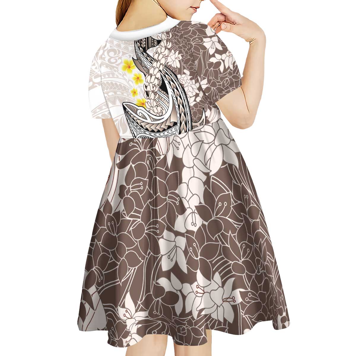 Brown and White Hawaii Shark Tattoo Kid Short Sleeve Dress Puakenikeni Lei Plumeria Polynesian Pattern LT14 - Polynesian Pride