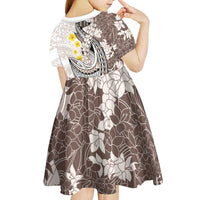 Brown and White Hawaii Shark Tattoo Kid Short Sleeve Dress Puakenikeni Lei Plumeria Polynesian Pattern LT14 - Polynesian Pride