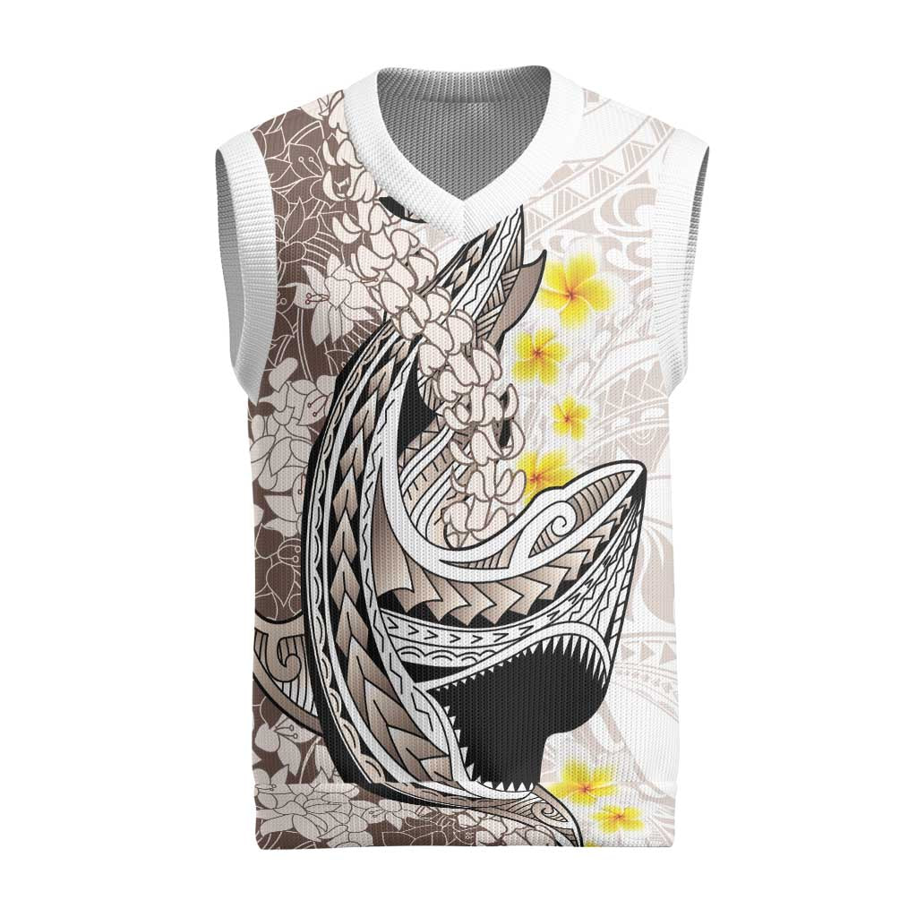 Brown and White Hawaii Shark Tattoo Christmas Knitted V-Neck Vest Puakenikeni Lei Plumeria Polynesian Pattern LT14 White - Polynesian Pride