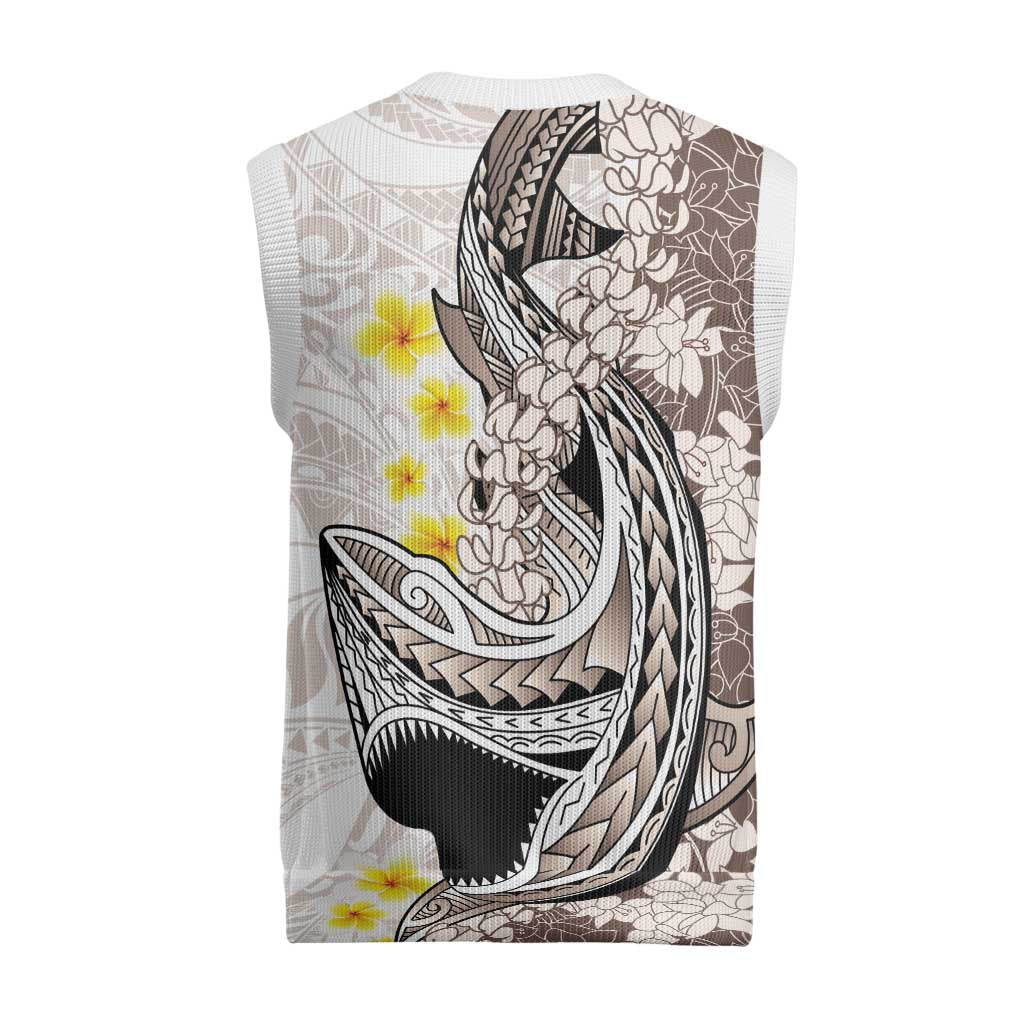 Brown and White Hawaii Shark Tattoo Christmas Knitted V-Neck Vest Puakenikeni Lei Plumeria Polynesian Pattern LT14 - Polynesian Pride