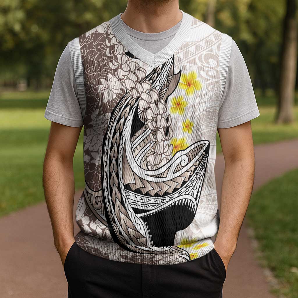 Brown and White Hawaii Shark Tattoo Christmas Knitted V-Neck Vest Puakenikeni Lei Plumeria Polynesian Pattern LT14 - Polynesian Pride