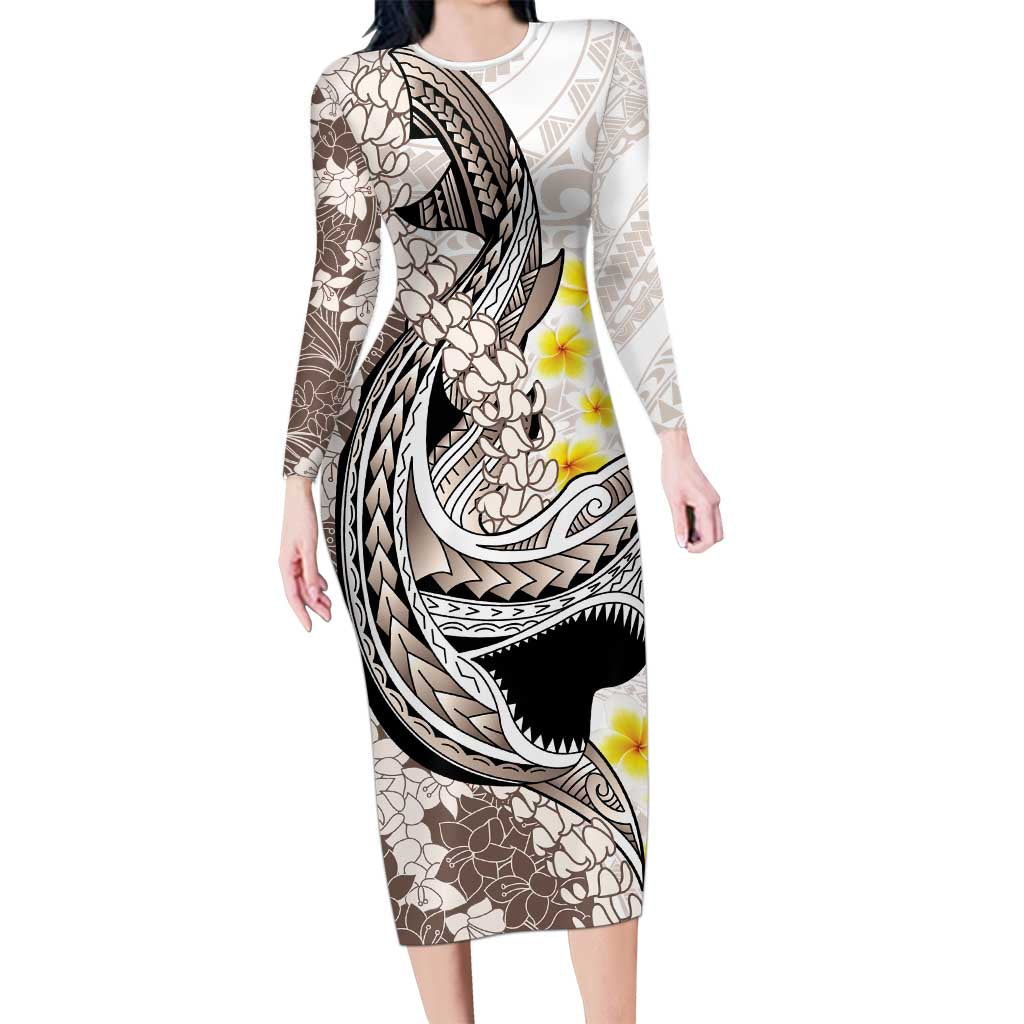 Brown and White Hawaii Shark Tattoo Long Sleeve Bodycon Dress Puakenikeni Lei Plumeria Polynesian Pattern LT14 Long Dress White - Polynesian Pride