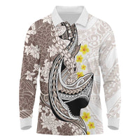 Brown and White Hawaii Shark Tattoo Long Sleeve Polo Shirt Puakenikeni Lei Plumeria Polynesian Pattern LT14 White - Polynesian Pride
