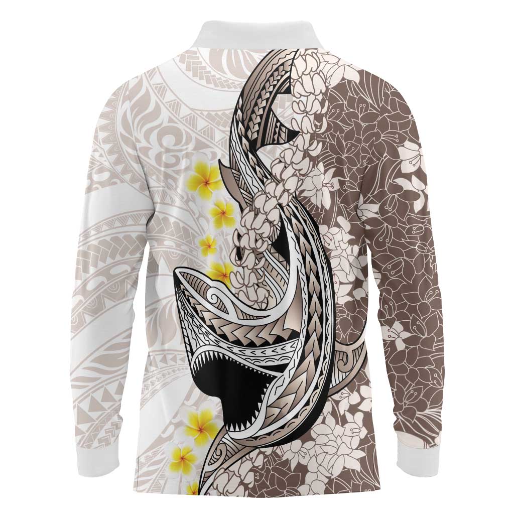 Brown and White Hawaii Shark Tattoo Long Sleeve Polo Shirt Puakenikeni Lei Plumeria Polynesian Pattern LT14 - Polynesian Pride