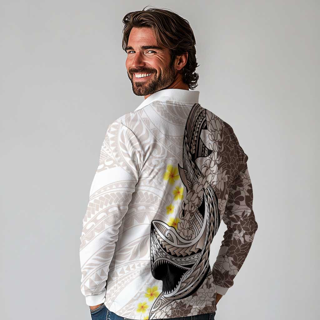 Brown and White Hawaii Shark Tattoo Long Sleeve Polo Shirt Puakenikeni Lei Plumeria Polynesian Pattern LT14 - Polynesian Pride