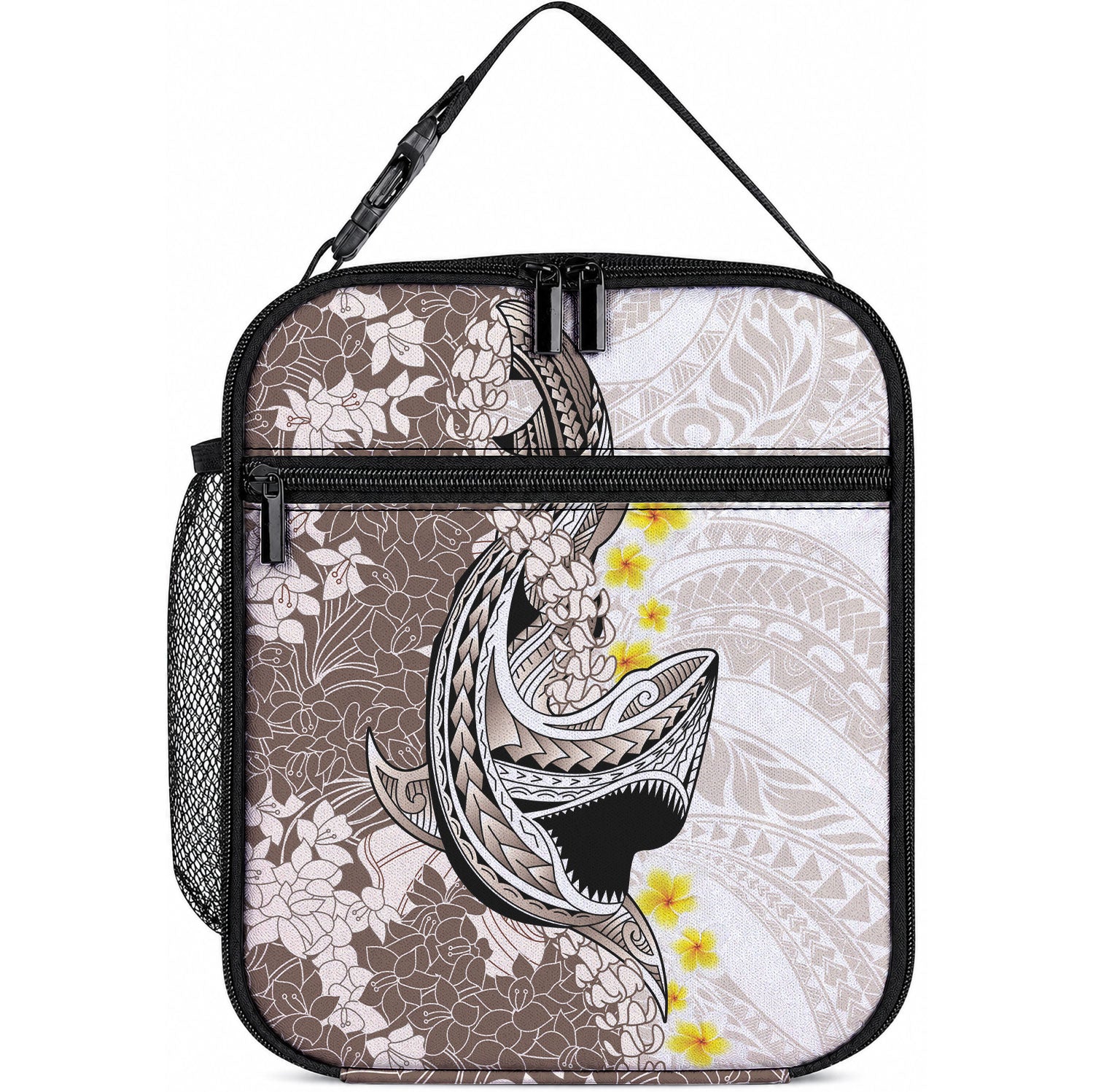 Brown and White Hawaii Shark Tattoo Lunch Bag Puakenikeni Lei Plumeria Polynesian Pattern