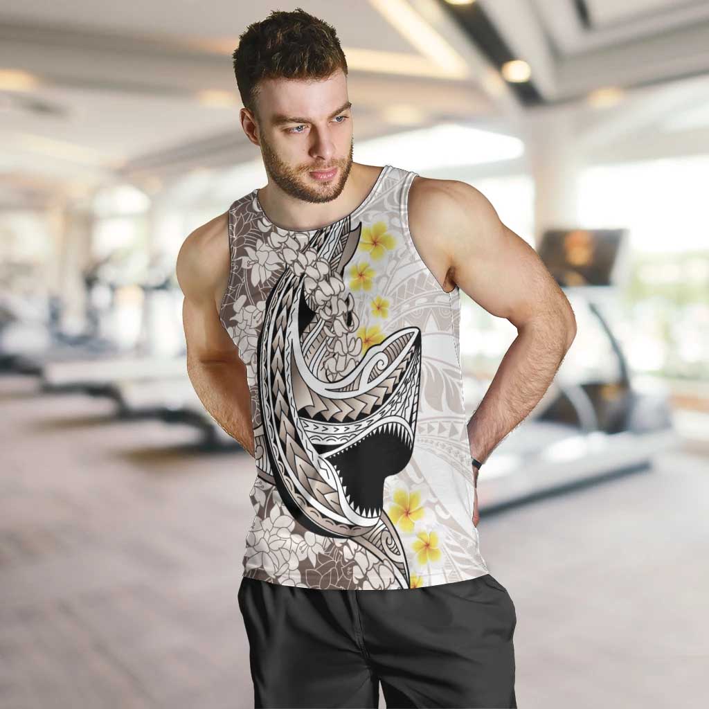 Brown and White Hawaii Shark Tattoo Men Tank Top Puakenikeni Lei Plumeria Polynesian Pattern - Polynesian Pride