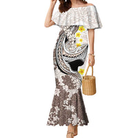 Brown and White Hawaii Shark Tattoo Mermaid Dress Puakenikeni Lei Plumeria Polynesian Pattern LT14 Women White - Polynesian Pride