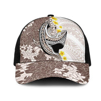 Brown and White Hawaii Shark Tattoo Mesh Trucker Cap Puakenikeni Lei Plumeria Polynesian Pattern - Polynesian Pride