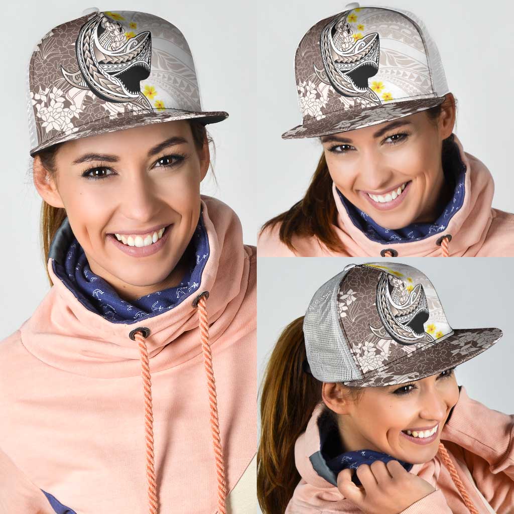 Brown and White Hawaii Shark Tattoo Mesh Trucker Cap Puakenikeni Lei Plumeria Polynesian Pattern - Polynesian Pride
