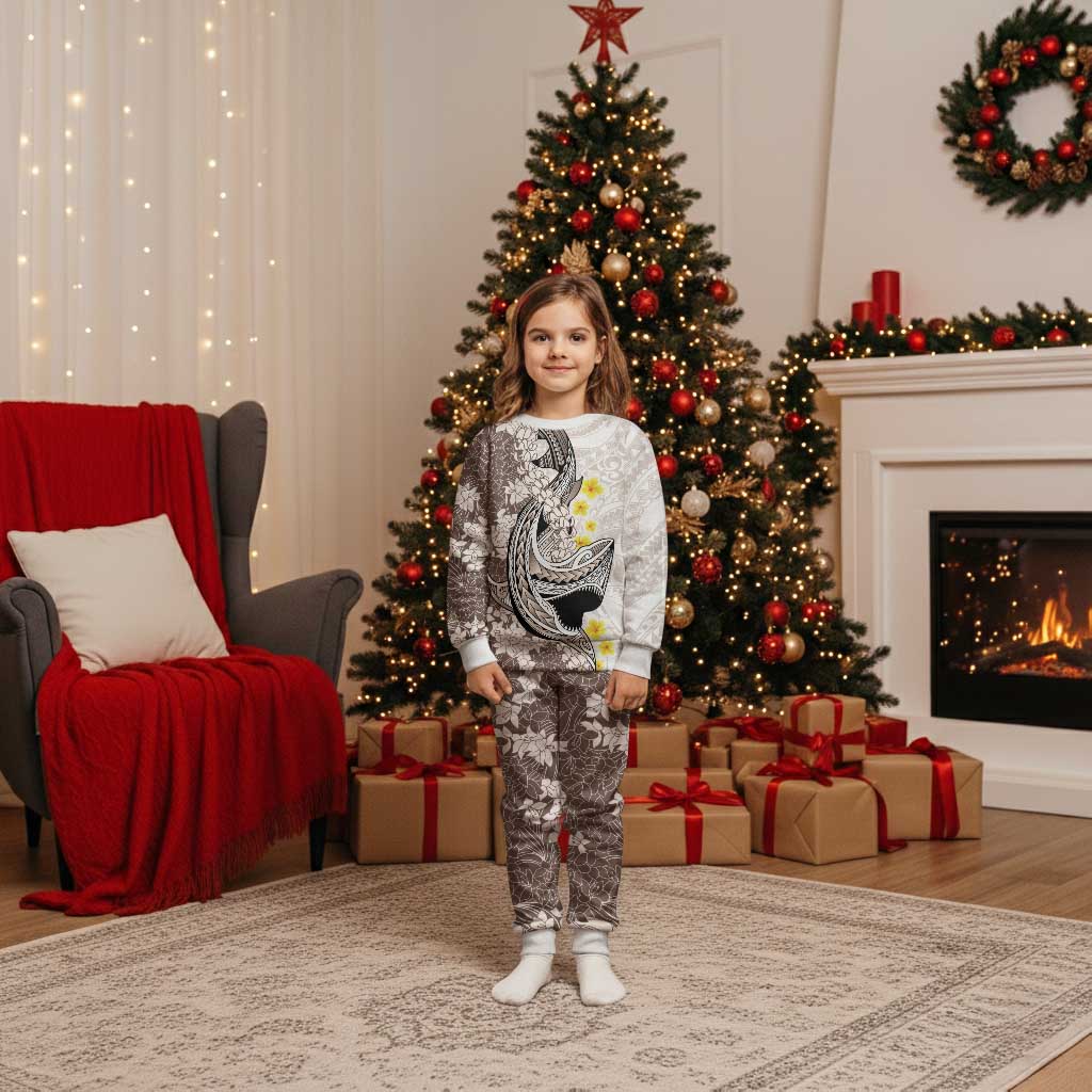 Brown and White Hawaii Shark Tattoo Christmas Pajama Set Puakenikeni Lei Plumeria Polynesian Pattern - Polynesian Pride