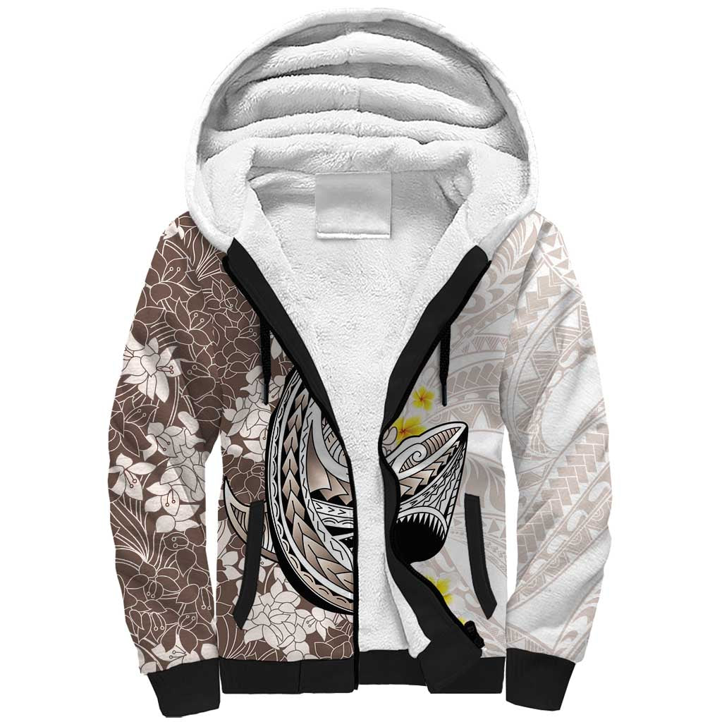 Brown and White Hawaii Shark Tattoo Sherpa Hoodie Puakenikeni Lei Plumeria Polynesian Pattern LT14 Unisex White - Polynesian Pride