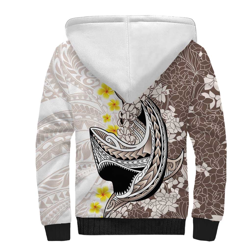 Brown and White Hawaii Shark Tattoo Sherpa Hoodie Puakenikeni Lei Plumeria Polynesian Pattern LT14 - Polynesian Pride