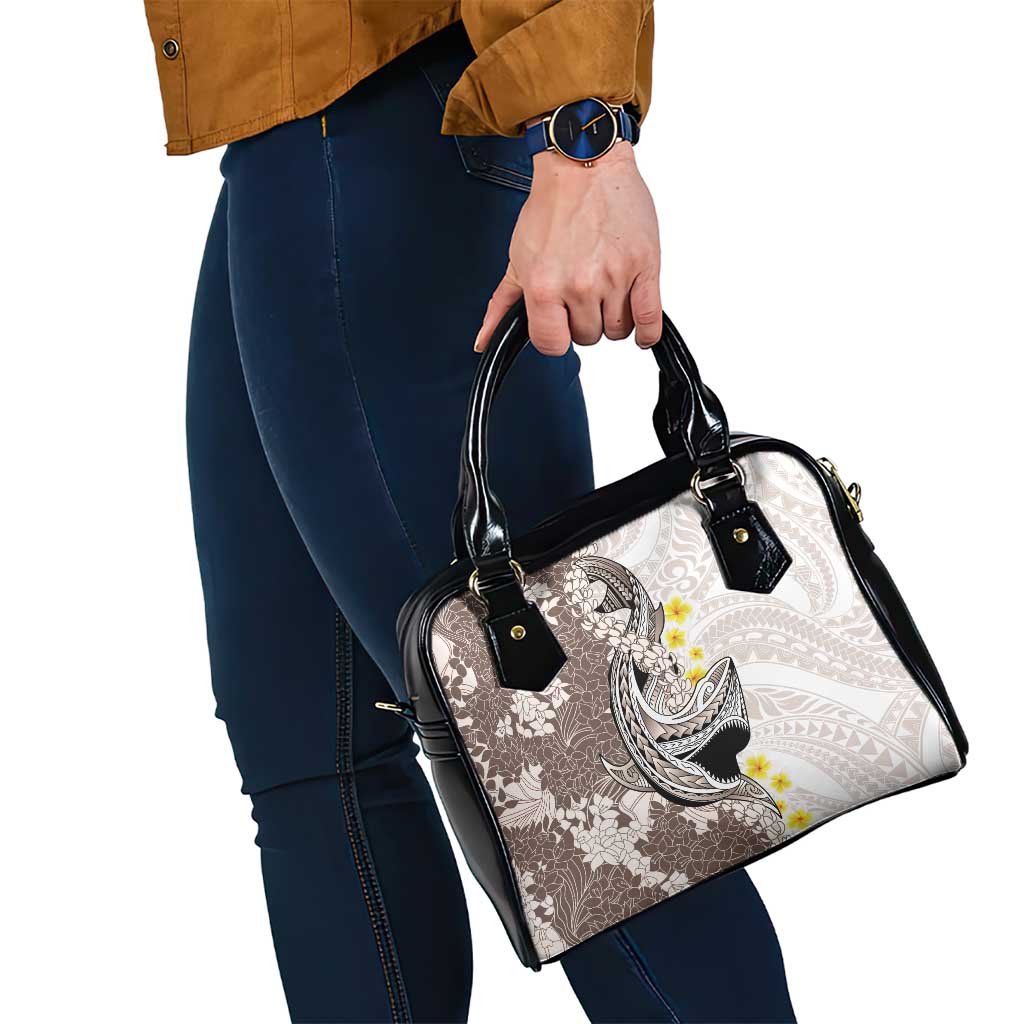 Brown and White Hawaii Shark Tattoo Shoulder Handbag Puakenikeni Lei Plumeria Polynesian Pattern - Polynesian Pride