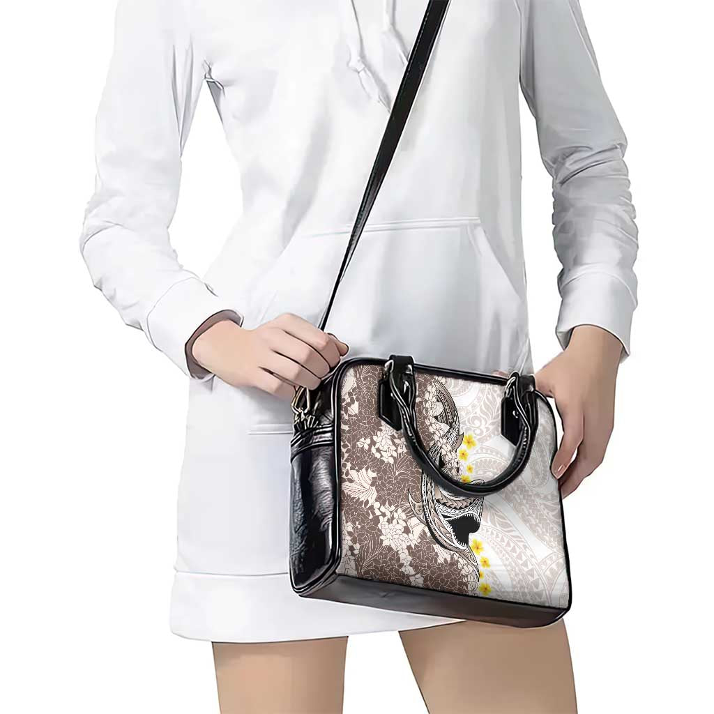 Brown and White Hawaii Shark Tattoo Shoulder Handbag Puakenikeni Lei Plumeria Polynesian Pattern - Polynesian Pride