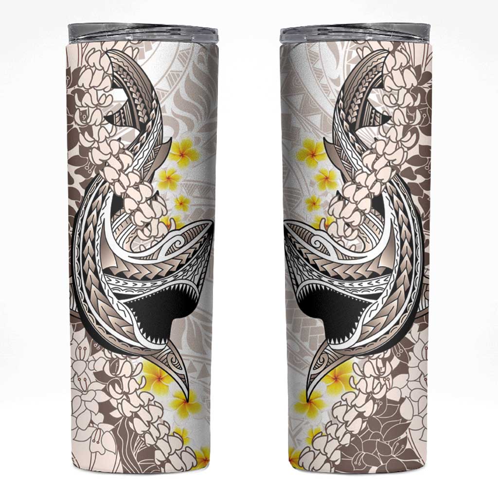 Brown and White Hawaii Shark Tattoo Skinny Tumbler Puakenikeni Lei Plumeria Polynesian Pattern LT14 White - Polynesian Pride