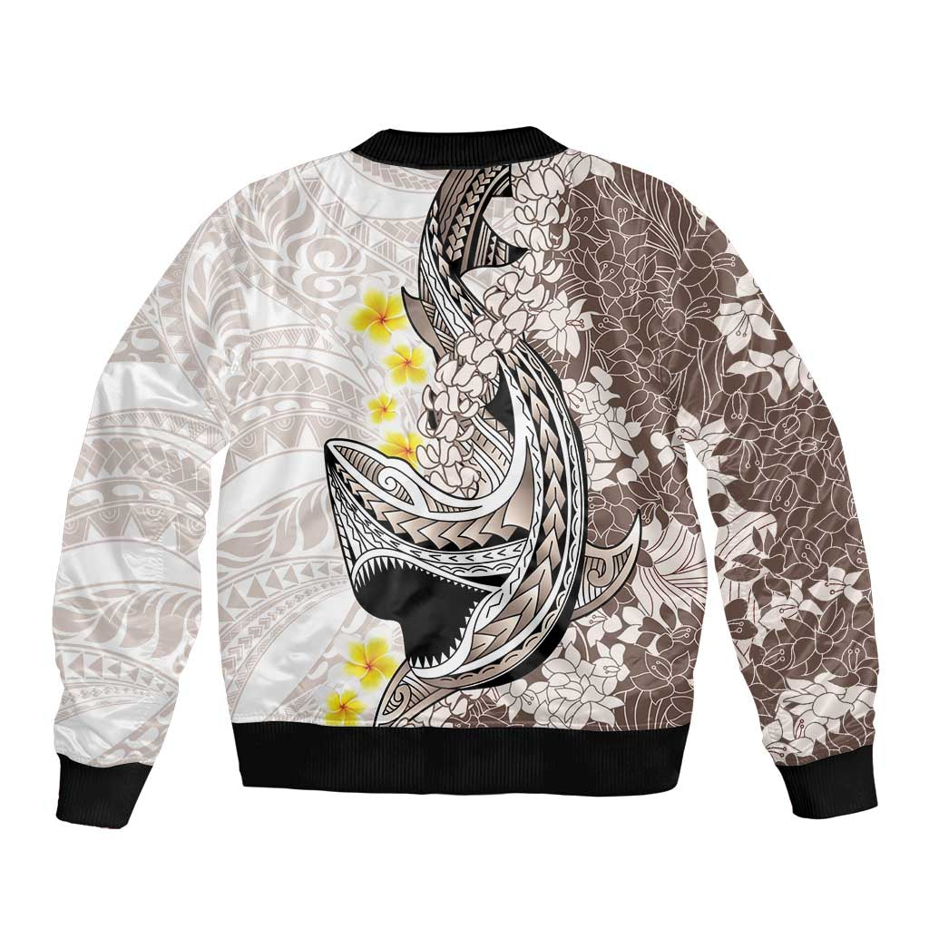 Brown and White Hawaii Shark Tattoo Sleeve Zip Bomber Jacket Puakenikeni Lei Plumeria Polynesian Pattern - Polynesian Pride
