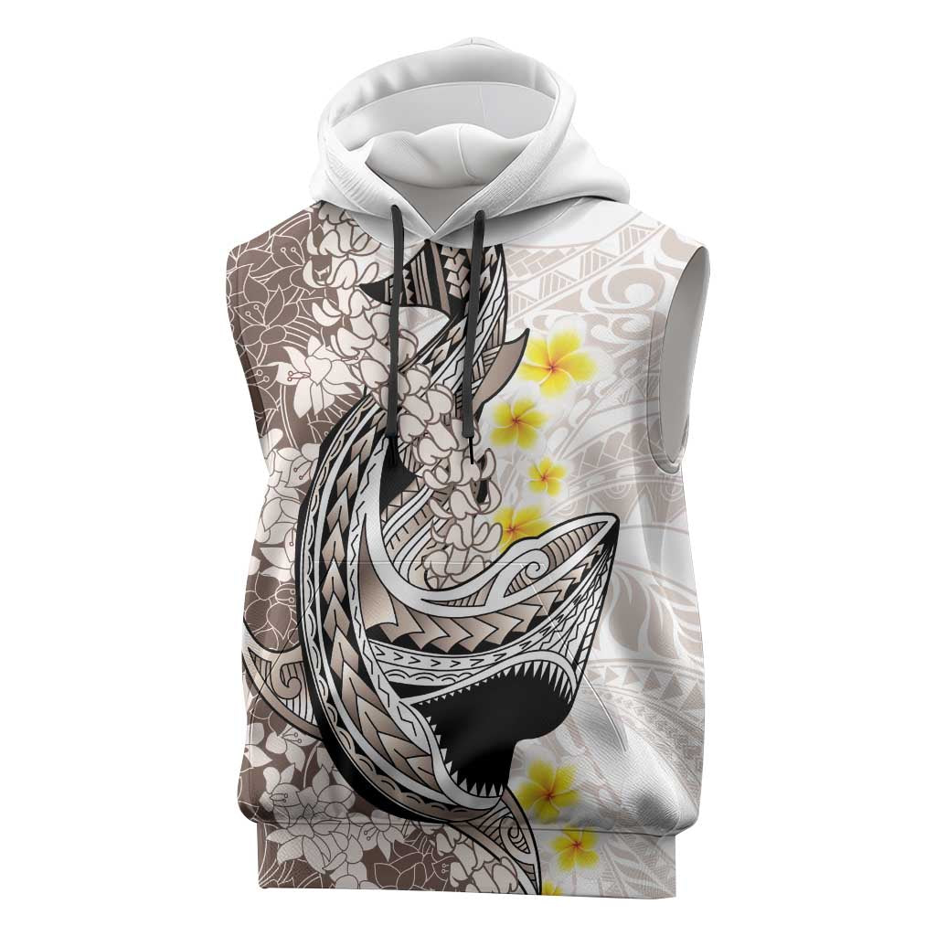 Brown and White Hawaii Shark Tattoo Sleeveless Hoodie Puakenikeni Lei Plumeria Polynesian Pattern LT14 White - Polynesian Pride