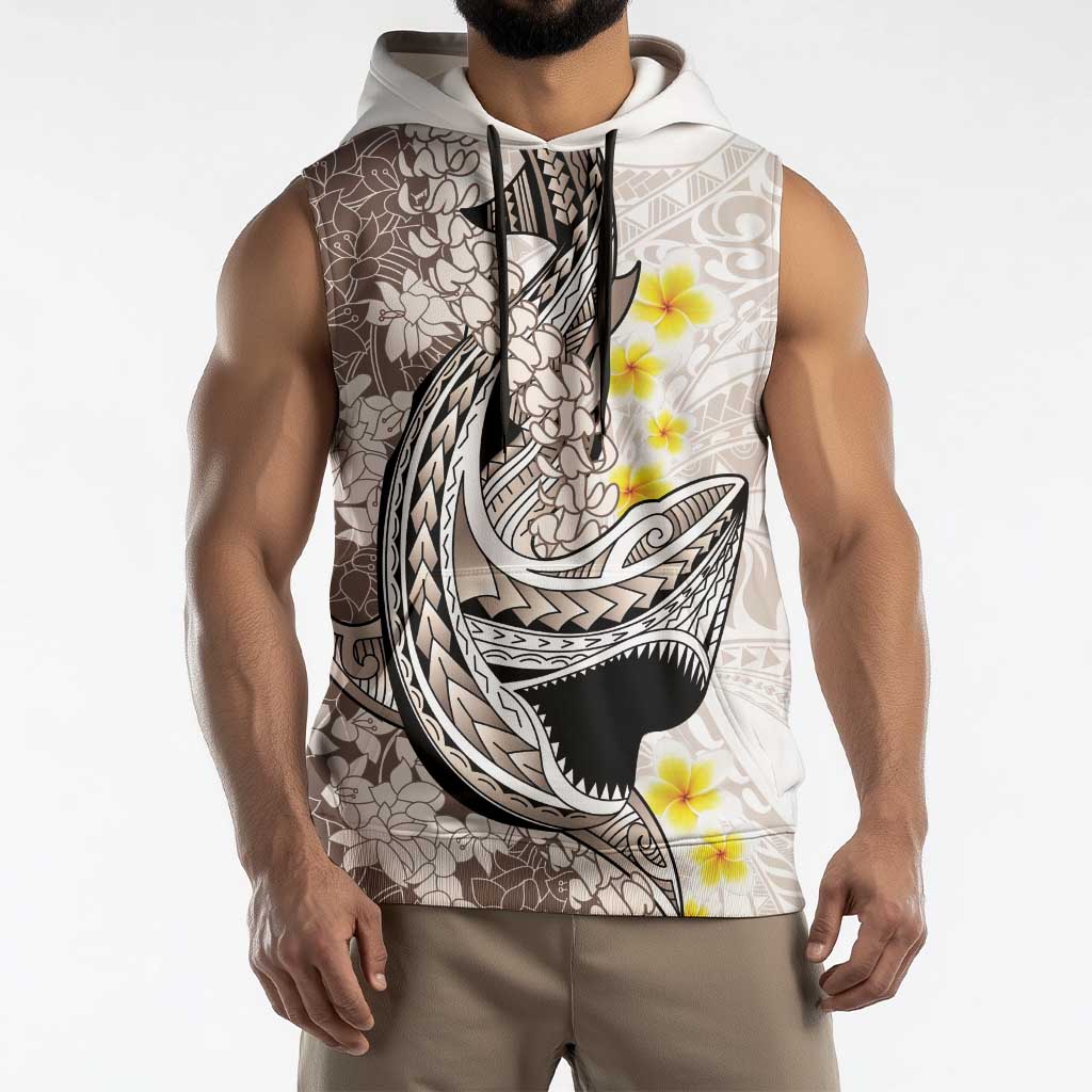 Brown and White Hawaii Shark Tattoo Sleeveless Hoodie Puakenikeni Lei Plumeria Polynesian Pattern LT14 - Polynesian Pride