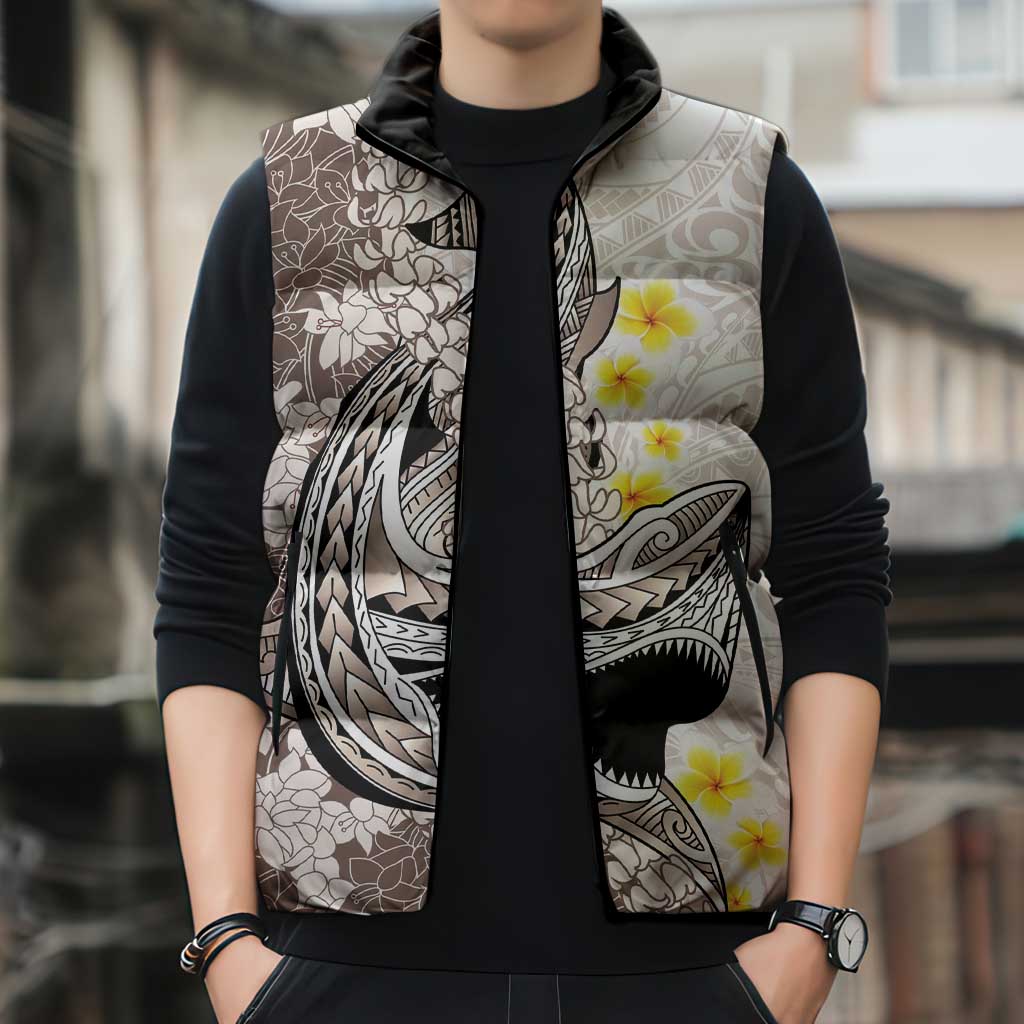 Brown and White Hawaii Shark Tattoo Sleeveless Puffer Jacket Puakenikeni Lei Plumeria Polynesian Pattern - Polynesian Pride