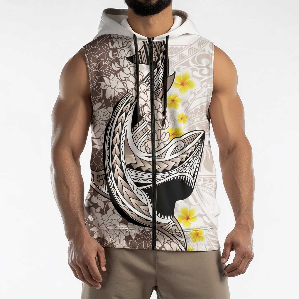 Brown and White Hawaii Shark Tattoo Sleeveless Zip Hoodie Puakenikeni Lei Plumeria Polynesian Pattern LT14 - Polynesian Pride