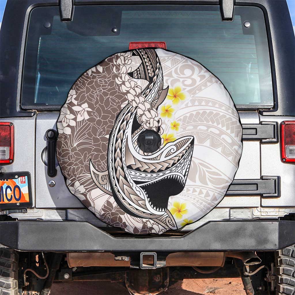 Brown and White Hawaii Shark Tattoo Spare Tire Cover Puakenikeni Lei Plumeria Polynesian Pattern LT14 White - Polynesian Pride