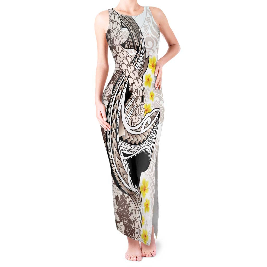 Brown and White Hawaii Shark Tattoo Tank Maxi Dress Puakenikeni Lei Plumeria Polynesian Pattern LT14 Women White - Polynesian Pride