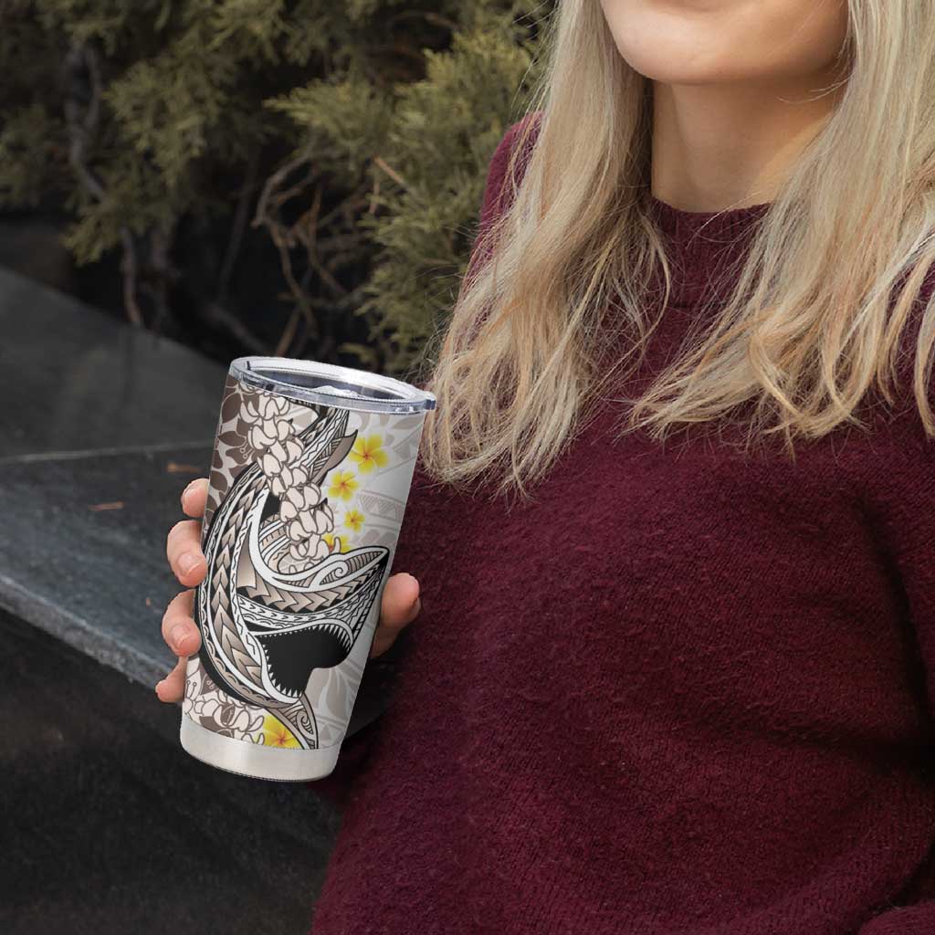 Brown and White Hawaii Shark Tattoo Tumbler Cup Puakenikeni Lei Plumeria Polynesian Pattern - Polynesian Pride