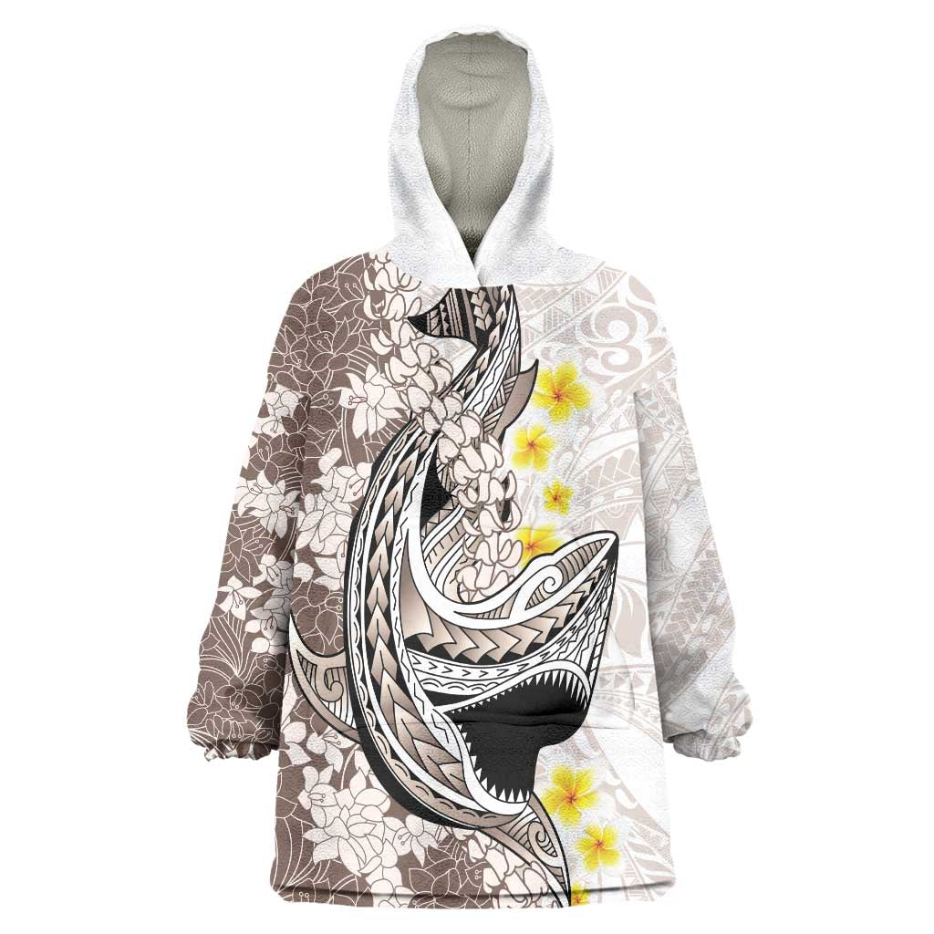 Brown and White Hawaii Shark Tattoo Wearable Blanket Hoodie Puakenikeni Lei Plumeria Polynesian Pattern LT14 One Size White - Polynesian Pride