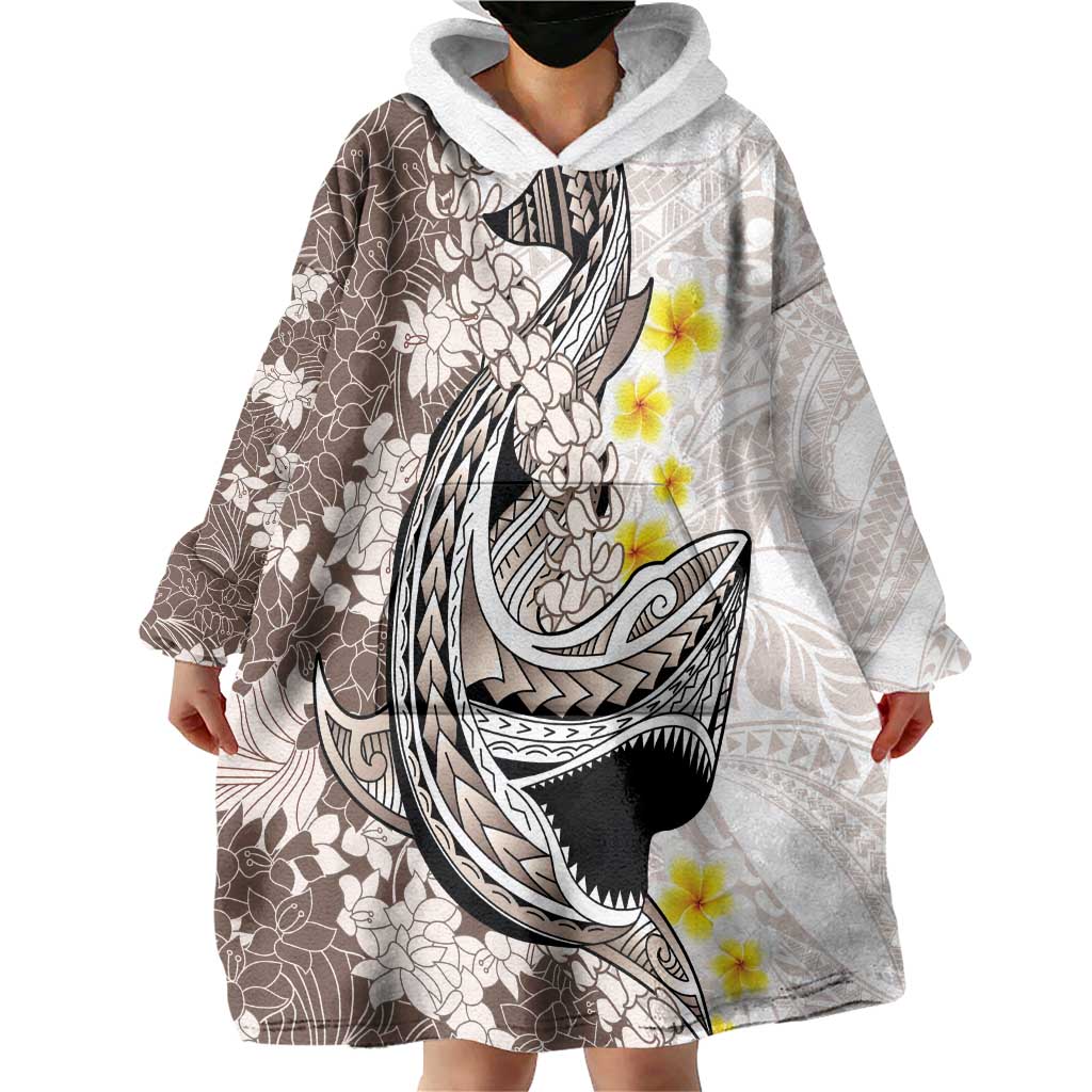 Brown and White Hawaii Shark Tattoo Wearable Blanket Hoodie Puakenikeni Lei Plumeria Polynesian Pattern LT14 - Polynesian Pride