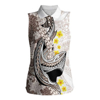 Brown and White Hawaii Shark Tattoo Women Sleeveless Polo Shirt Puakenikeni Lei Plumeria Polynesian Pattern LT14 Female White - Polynesian Pride