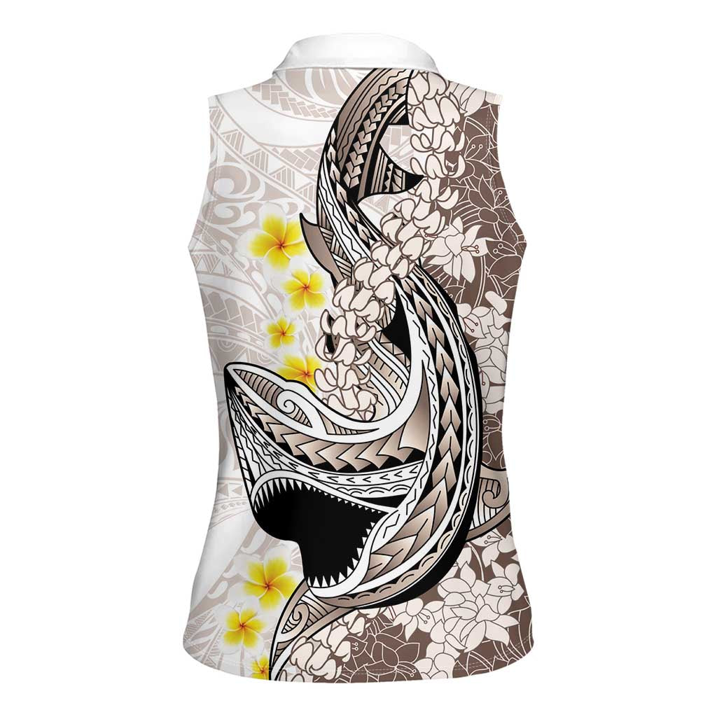 Brown and White Hawaii Shark Tattoo Women Sleeveless Polo Shirt Puakenikeni Lei Plumeria Polynesian Pattern LT14 - Polynesian Pride