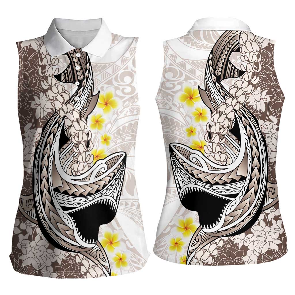 Brown and White Hawaii Shark Tattoo Women Sleeveless Polo Shirt Puakenikeni Lei Plumeria Polynesian Pattern LT14 - Polynesian Pride